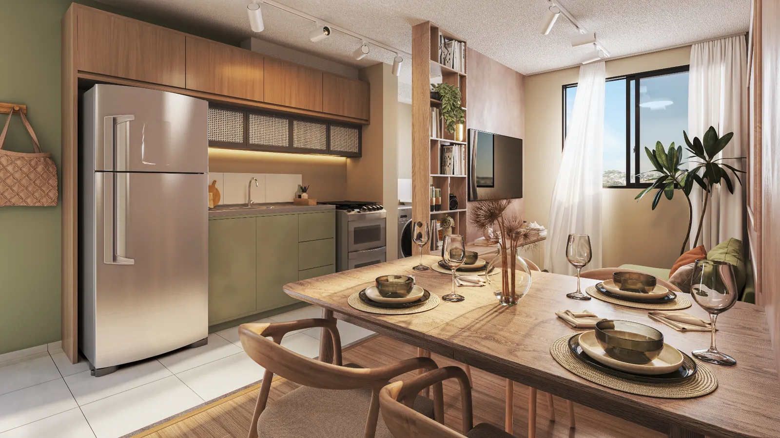 Cozinha e sala de jantar decorada do apartamento Gran Safira