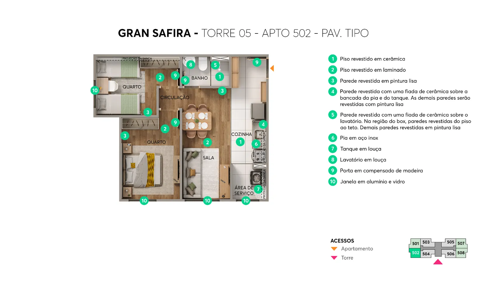Planta do apartamento tipo do Gran Safira — 2 quartos com varanda