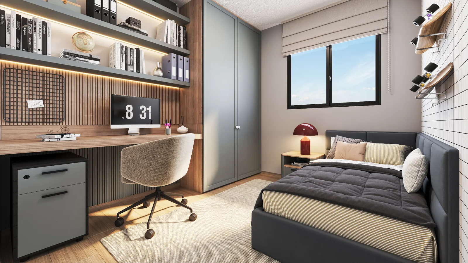 Quarto decorado com home office do apartamento Gran Safira